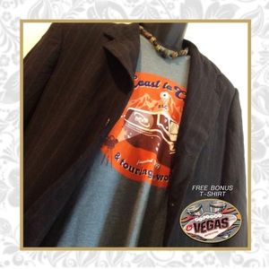 🌺 2PC COAT BLAZER SUIT VEGAS GRAPHIC TEE SHIRT BUNDLE SET GUY MEN GRAY STRIPE